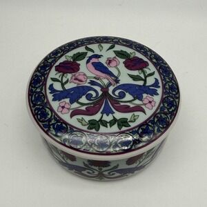 Trinket Box with Lid Ceramic Bin Round Vintage Birds Flowers Roses Blue Red